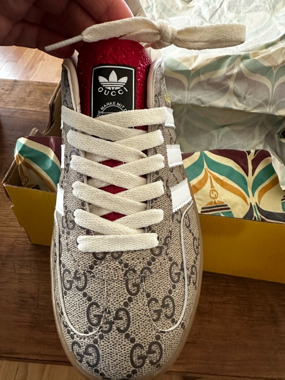 Gucci Beige Monogram Sneakers with White Stripes, Red Tongue, Green Heel - Picture 2 of 7